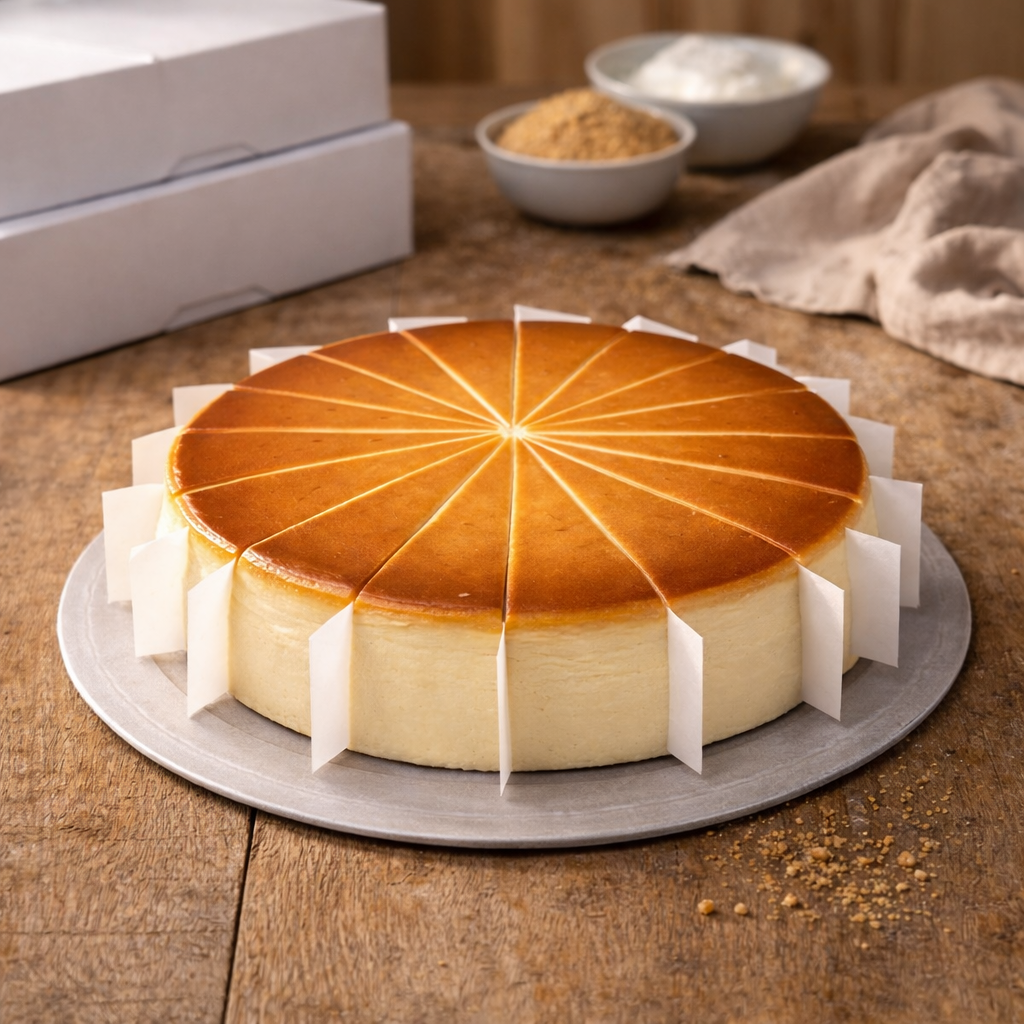 Cheesecake with a brown top and white bottom on a wooden table.