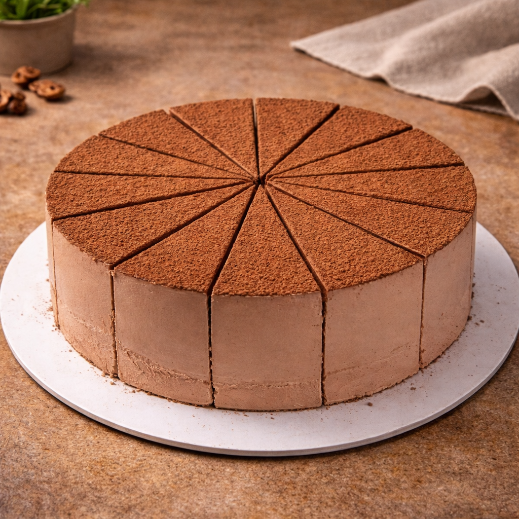 Chocolate mousse with a dusting of cocoa powder on a wooden surface