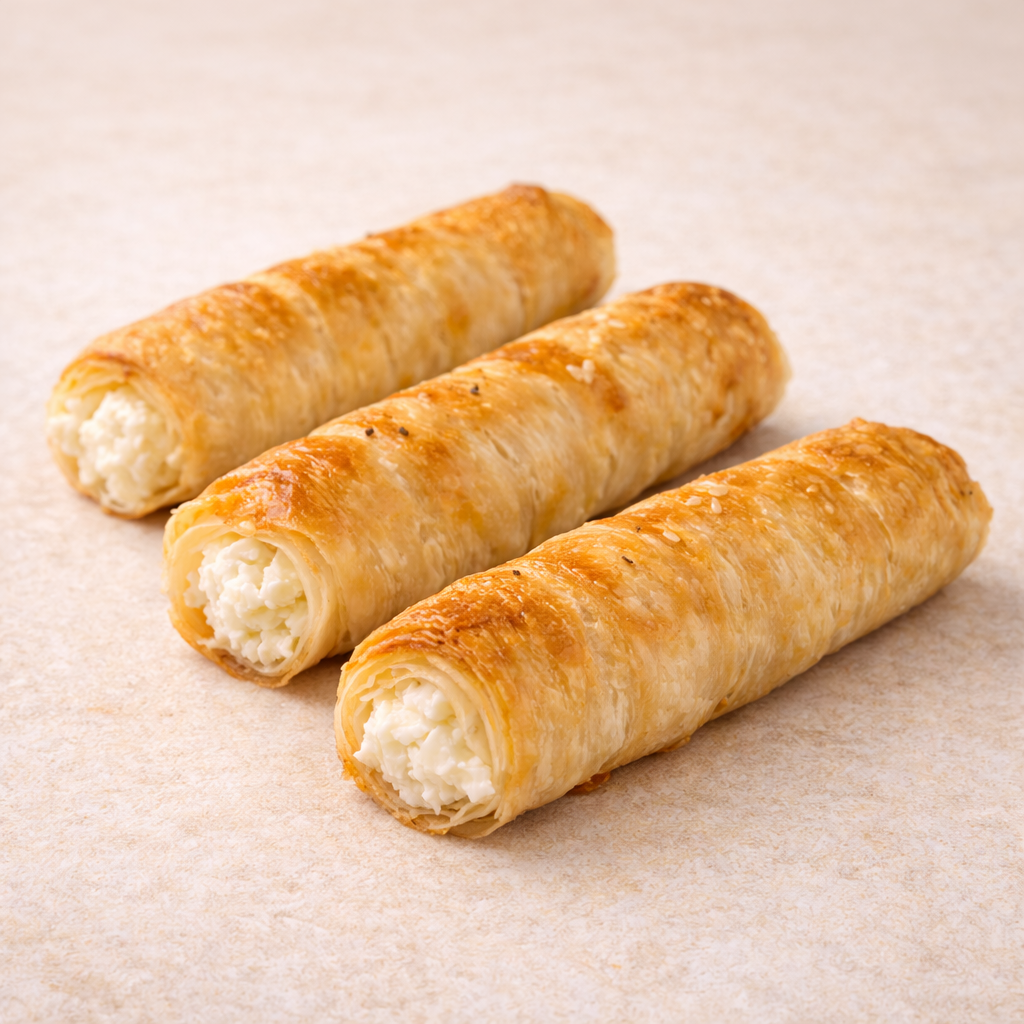 Three cooked cheese rolls with a white filling on a beige surface