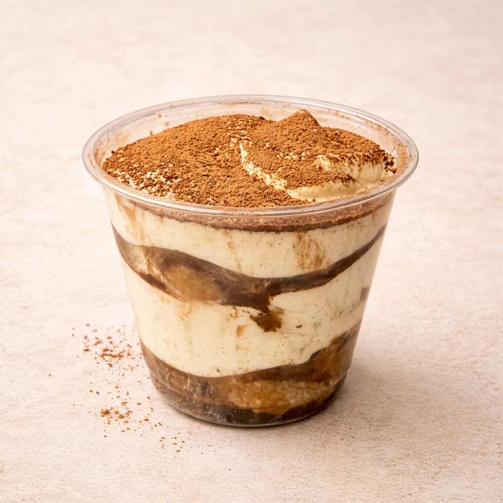 Tiramisu dessert in a clear plastic cup on a beige background