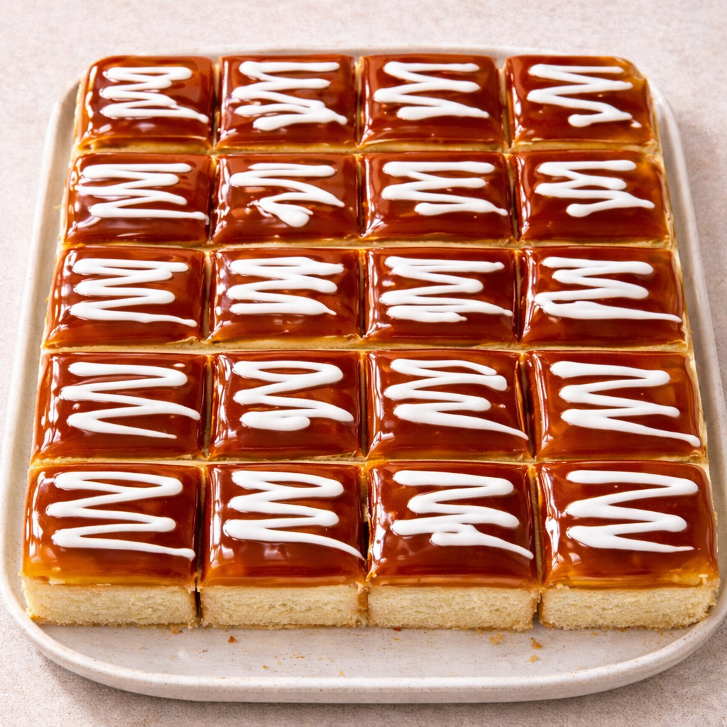 Square tray of caramel-glazed Tres Leches with white drizzle on a beige background