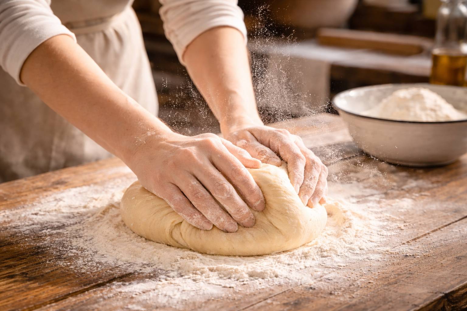 Person kneading dough on a wooden table with flour and a bowl in the background