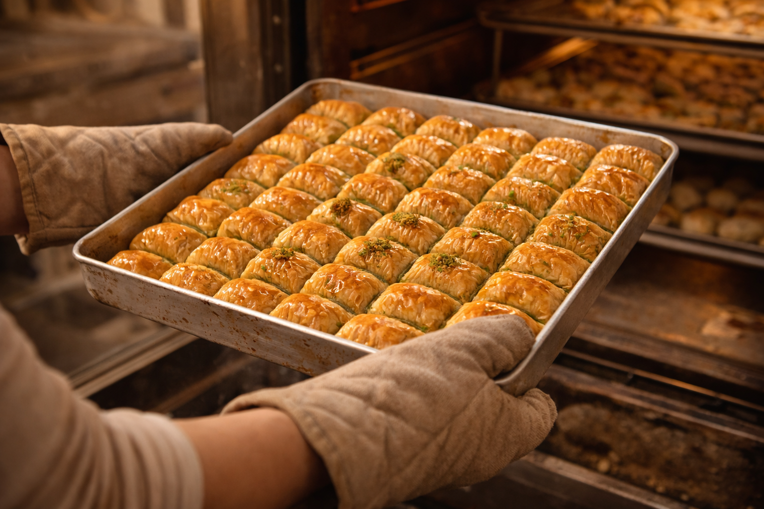 Person wearing oven mitts holding a tray of baklava in a bakery.