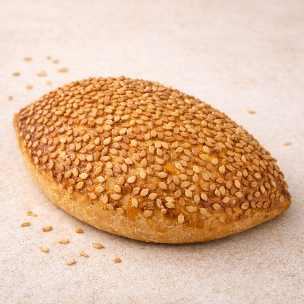 Loaf of pogaca with sesame seeds on a beige background