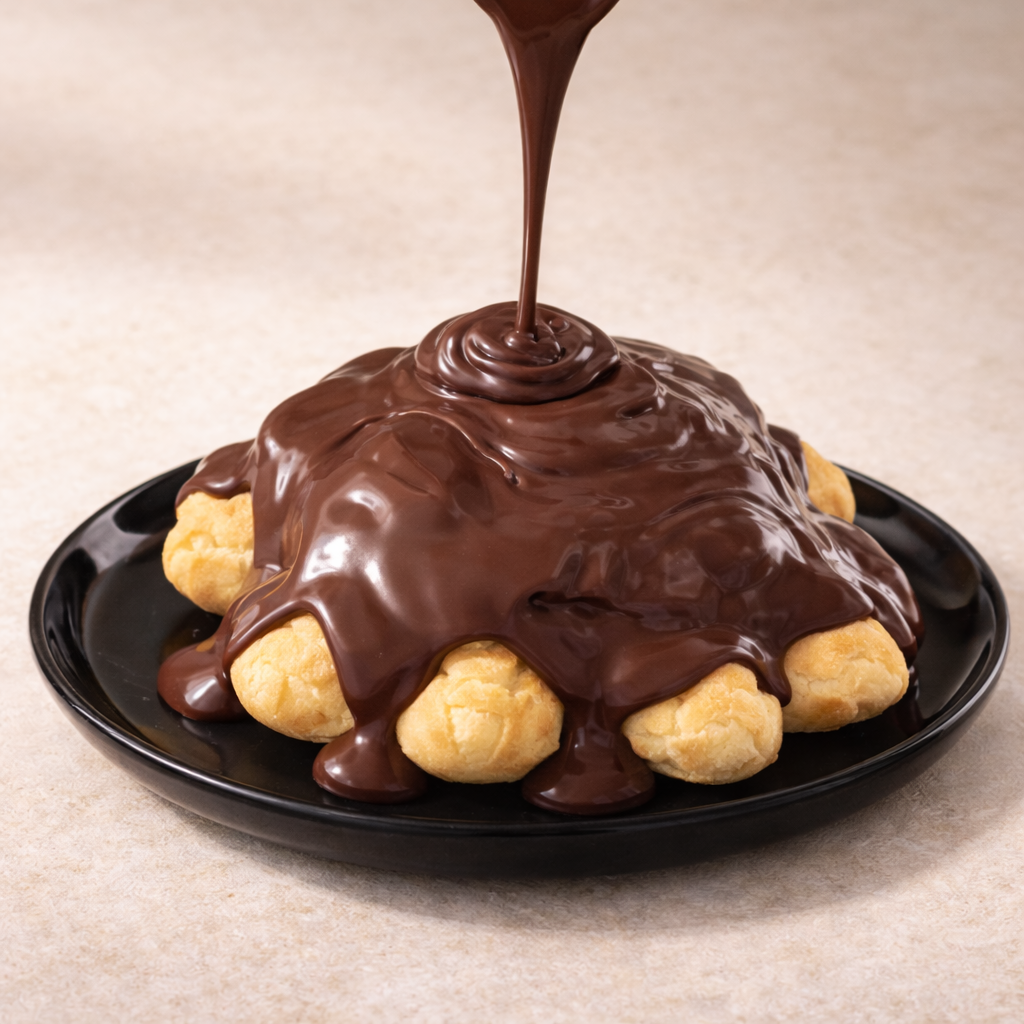 Chocolate being poured over cream puffs on a black plate with a beige background