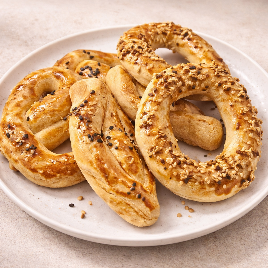 savory variety cookies with sesame seeds on a white plate