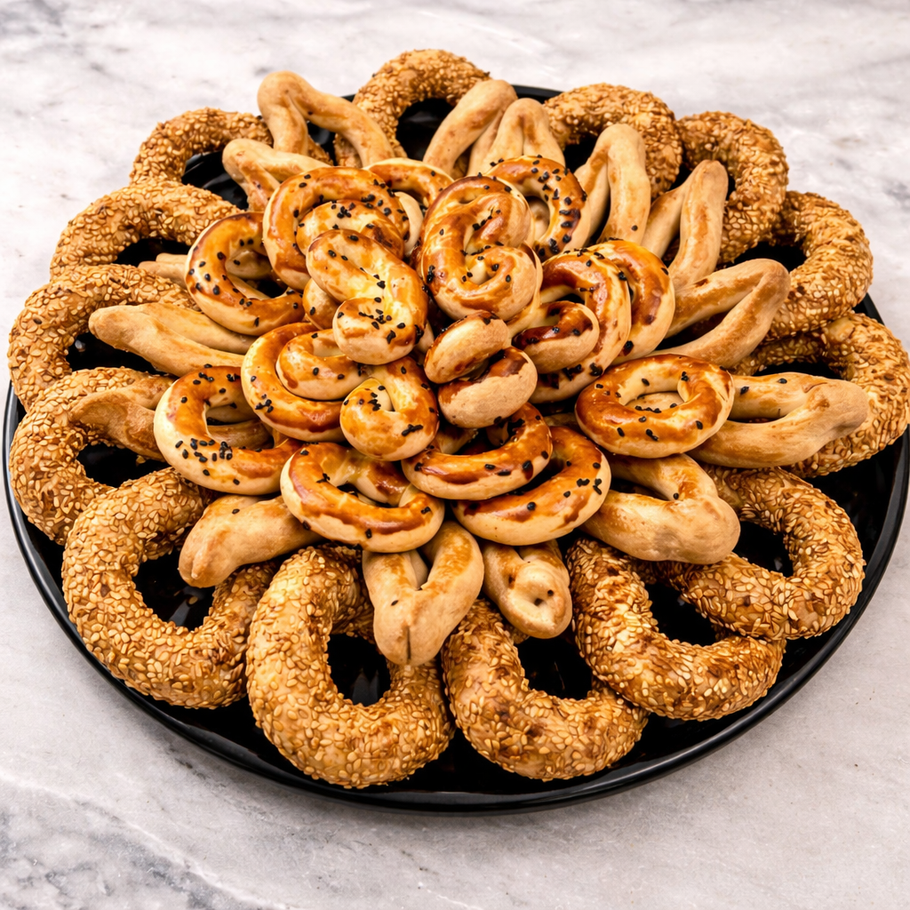 Assorted savory pastries and cookies on a black plate with a marble background
