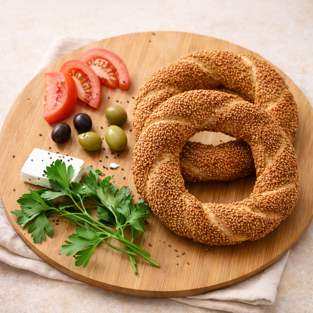 Turkish bagel (crispy simit) on a wooden board with tomatoes, olives, and feta cheese.