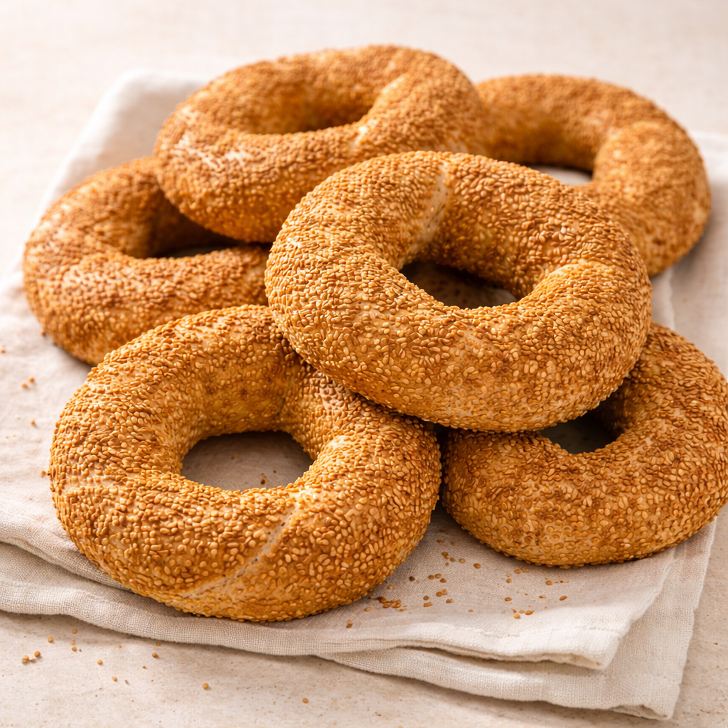 Sesame seeded 6 turkish bagels (simit) on a white cloth