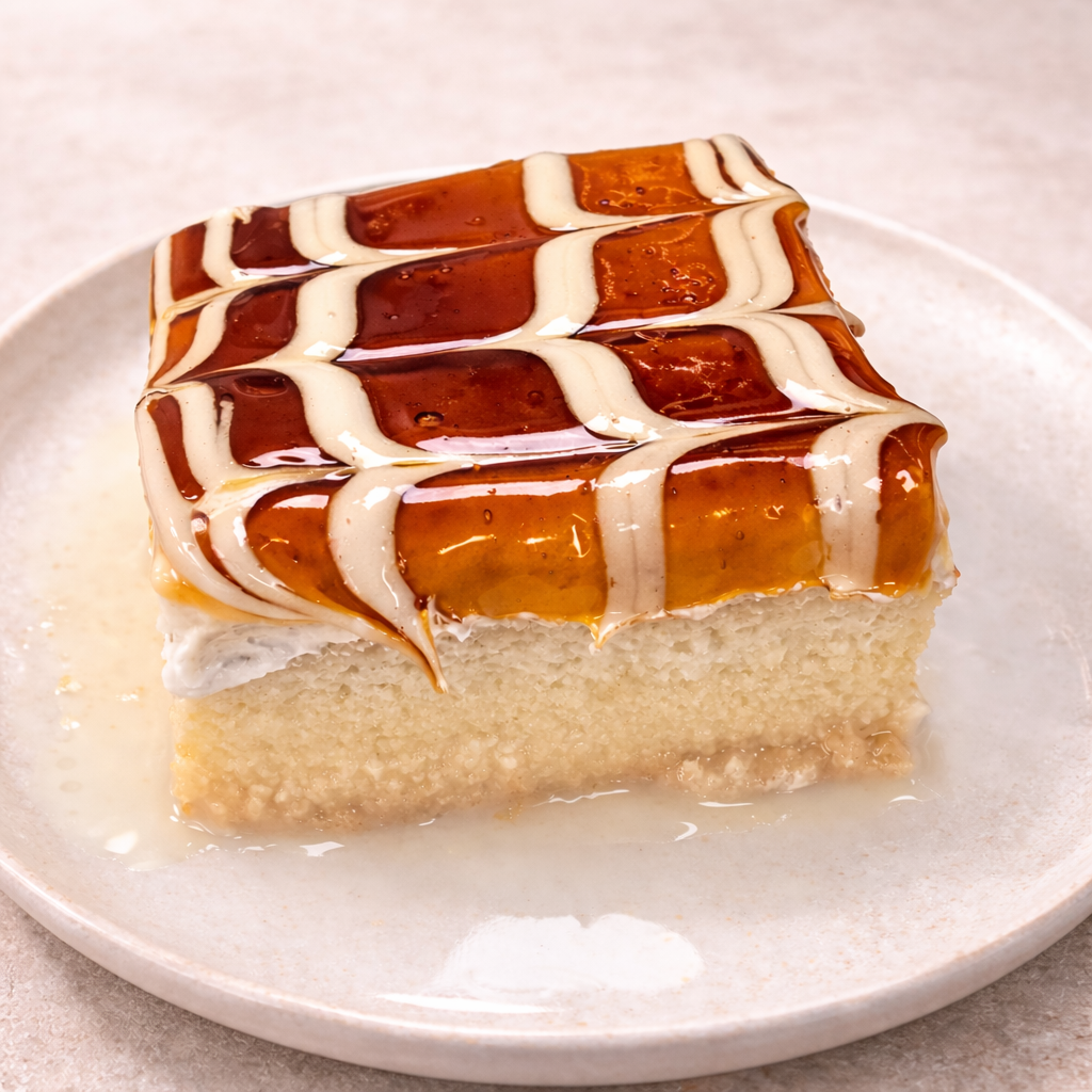 Slice of Tres Leches with caramel and cream drizzle on a white plate