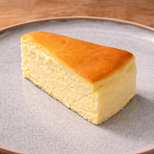 Slice of cheesecake on a gray plate with a wooden background