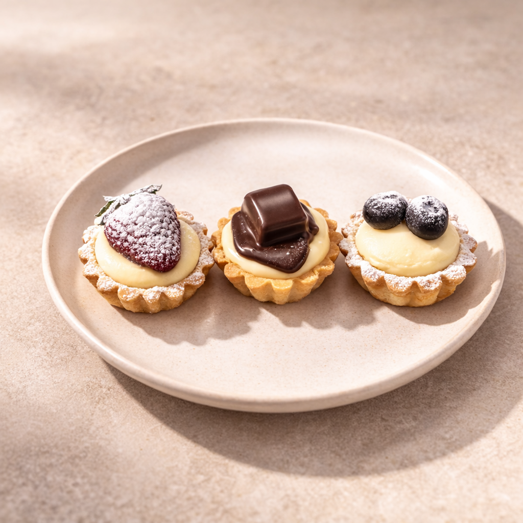 Three small sweet pastries and cookies on a white plate with a soft beige background