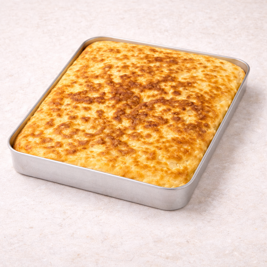Baked tepsi boregi in a rectangular metal pan on a light background