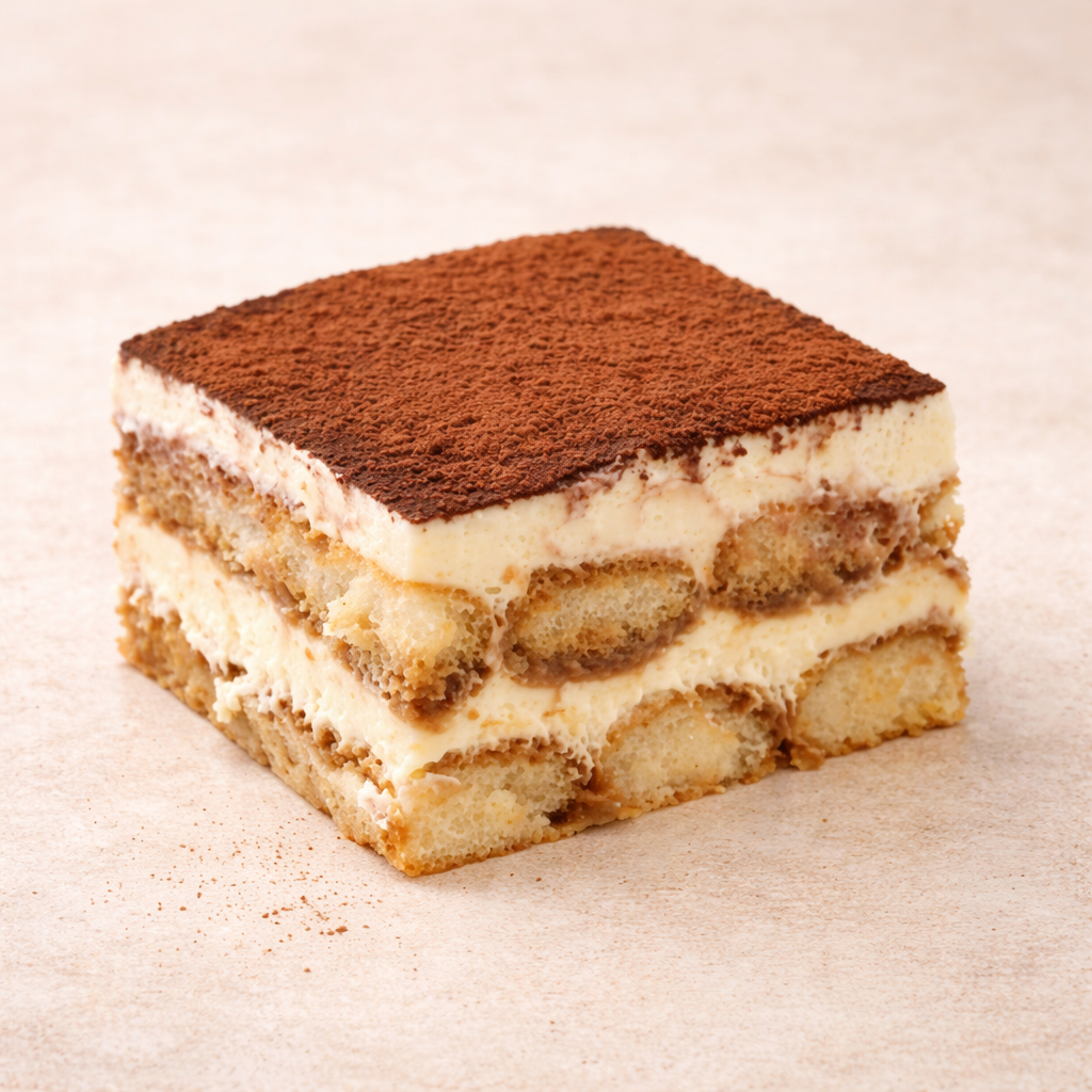 Layered tiramisu dessert with chocolate crumb topping on a beige background