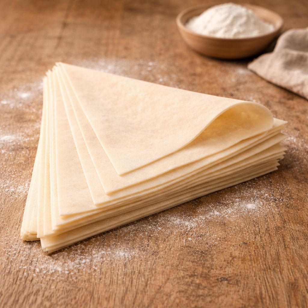 Stack of fresh daily triangle yufka sheets on a wooden surface with flour.