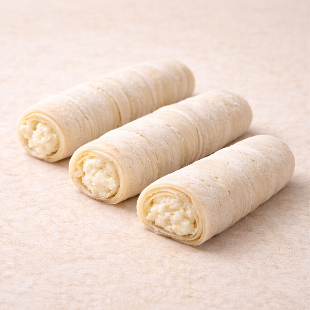 Three uncooked rolled-up cheese rolls with a filling on a beige surface