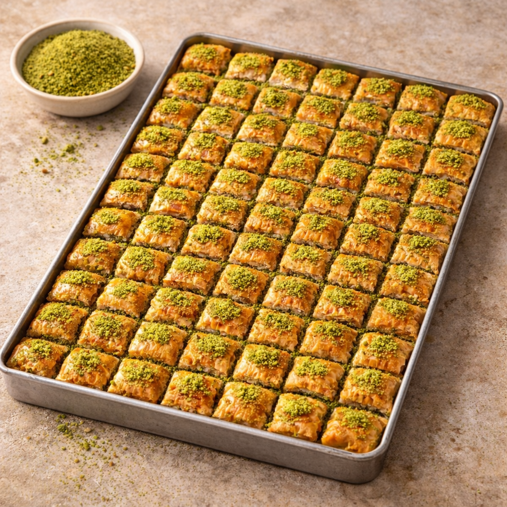 Baklava squares on a baking tray with a bowl of green pistachio on a beige surface
