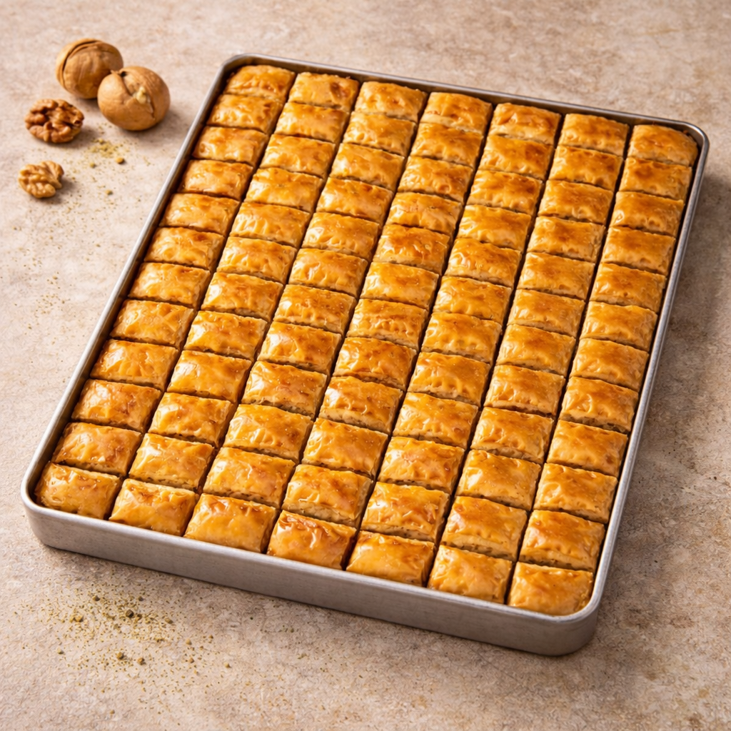 Tray of baklava with walnut on a stone surface with walnuts.
