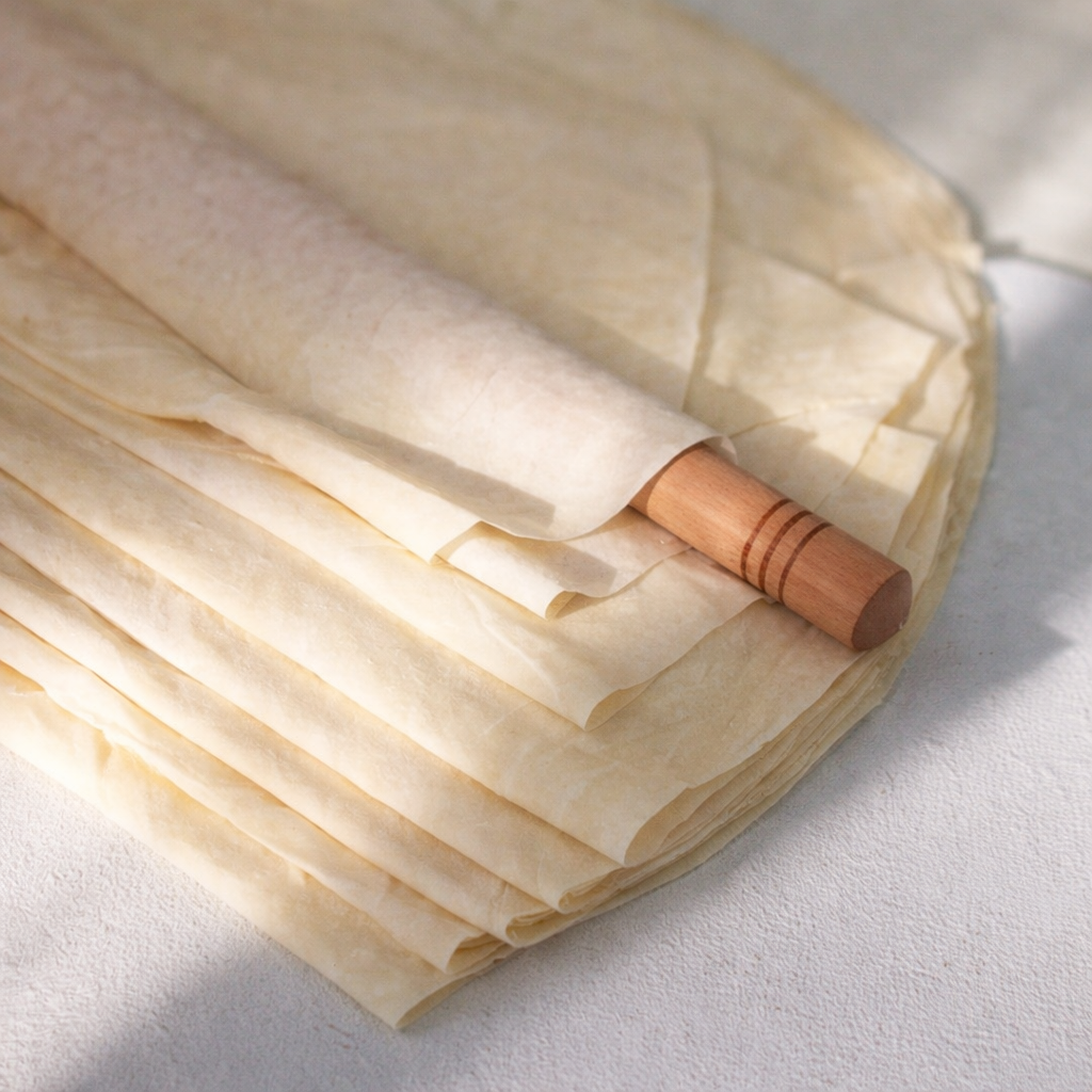 Roll of fresh yufka with a wooden roller on a light surface