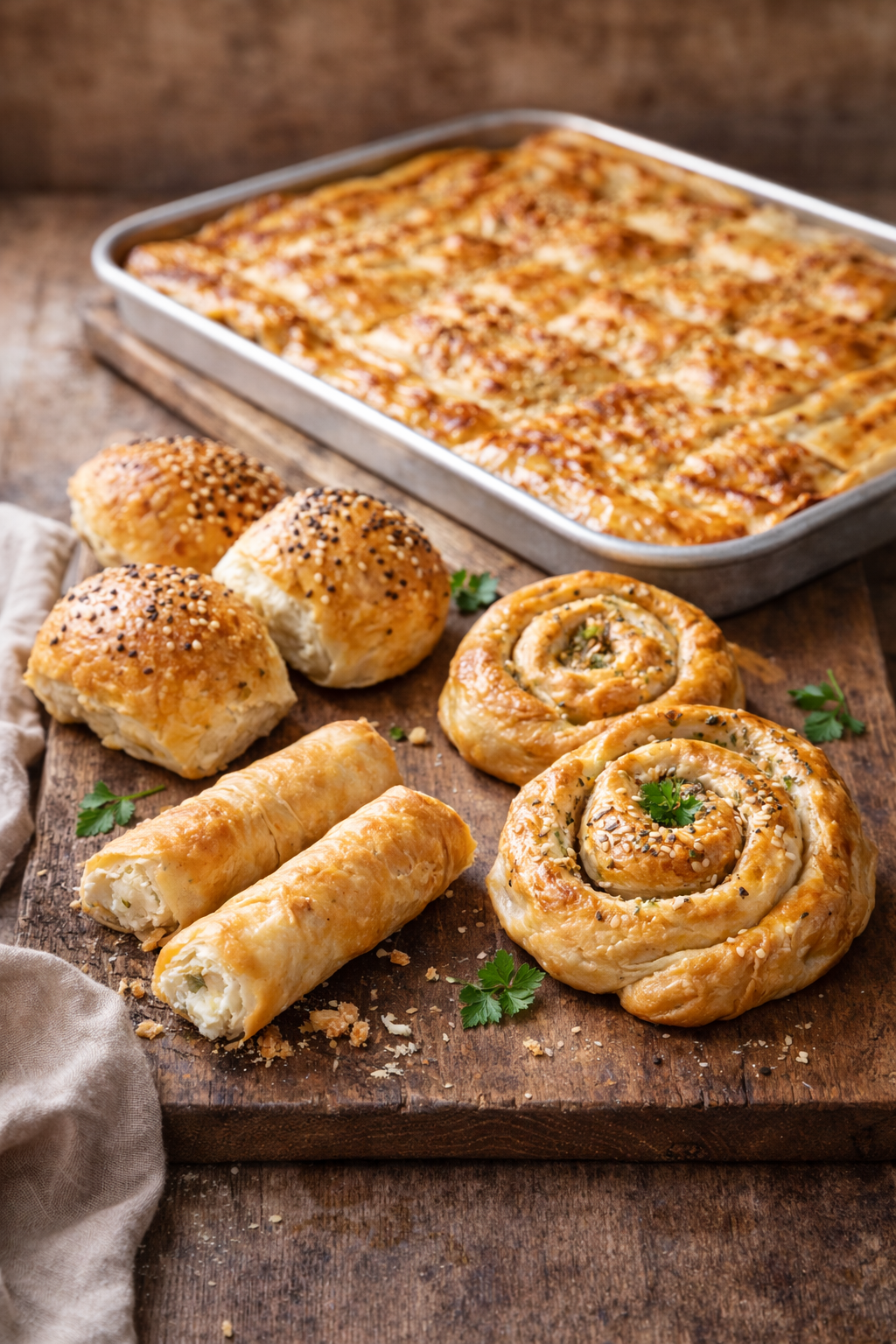 Assorted baked savory pastires including rolls and a casserole on a wooden board.