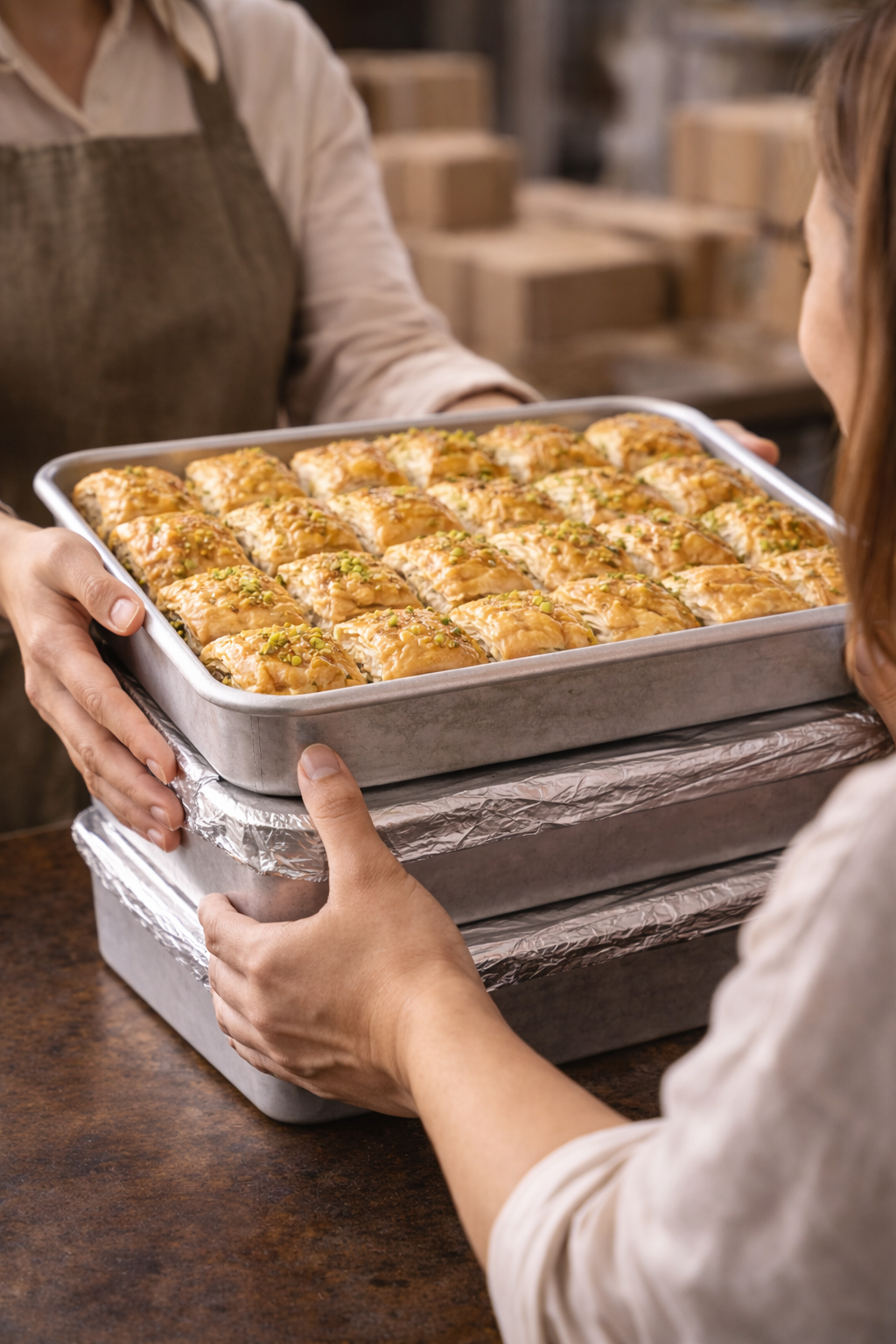Person holding a tray of baked baklava in a bakery setting